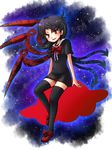  ahoge asymmetrical_wings black_hair black_legwear fang houjuu_nue mokku red_eyes shoes short_hair sitting solo thighhighs touhou wings zettai_ryouiki 