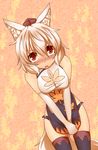  animal_ears blush breasts cleavage cleavage_cutout elbow_gloves fang gloves hat inubashiri_momiji kuromiya medium_breasts red_eyes short_hair solo tail thighhighs tokin_hat touhou white_hair wolf_ears wolf_tail 