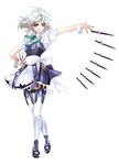  braid crossed_legs embellished_costume frills highres ichikawa_ryuunosuke izayoi_sakuya knife legs looking_at_viewer maid maid_headdress outstretched_arm red_eyes short_hair silver_hair simple_background solo standing thighhighs touhou twin_braids white_legwear wrist_cuffs 