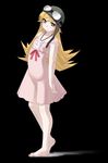  bakemonogatari bare_shoulders barefoot blonde_hair dress flat_chest goggles helmet long_hair monogatari_(series) ooba_kou oshino_shinobu solo strap_slip yellow_eyes 