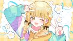  1girl ;d absurdres black_ribbon blonde_hair blush braid commentary_request double_v fang fingernails fujita_kotone gakuen_idolmaster hair_ribbon highres idolmaster jacket long_hair looking_at_viewer multicolored_jacket one_eye_closed ribbon shirt skin_fang smile solo twin_braids upper_body v wataco_coco yellow_eyes yellow_shirt 