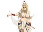  1girl alternate_costume ancient_egyptian ancient_egyptian_clothes armlet blonde_hair breasts brown_eyes commentary english_commentary fairy_tail highres jewelry large_breasts long_hair lucy_heartfilia navel pelvic_curtain rlemonade17 simple_background solo sparkle usekh_collar white_background 