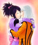  bow couple fujibayashi_shiina hug japanese_clothes kiss lips multiple_girls murasaki_(ekyu) pink_bow purple_hair refill_sage short_hair silver_hair smile tales_of_(series) tales_of_symphonia yuri 