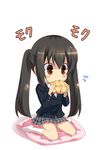  black_hair bread eating food k-on! kouji_(campus_life) long_hair melon_bread nakano_azusa no_shoes pillow pleated_skirt school_uniform simple_background sitting skirt solo twintails white_background 