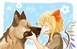  :d ^_^ alternate_costume bad_id bad_pixiv_id blonde_hair bow closed_eyes contemporary dog fang flandre_scarlet flower german_shepherd hair_bow happy heart kirusu one_side_up open_mouth ponytail sideways_mouth smile solo touhou wings 