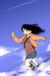  bag black_hair cloud copyright_request day hood hooded_jacket hoodie jacket long_hair midair motion_blur running sakaki_imasato skirt sky solo 