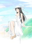  black_hair day dress hat kanna_hisashi long_hair original platform_footwear sandals sitting sky solo sundress 