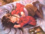  black_hair black_legwear blanket camisole cardigan cherry_blossoms closed_eyes feet food goto_p hanami hands lace long_hair long_sleeves lying no_shoes obentou original outdoors pantyhose petals shoes_removed skirt sleeping smile solo 