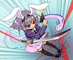  animal_ears bunny_ears ghost gun hairband if_they_mated katana konpaku_youmu konpaku_youmu_(ghost) necktie purple_hair red_eyes reisen_udongein_inaba shokkin short_hair skirt solo sword thighhighs touhou umyonge weapon 