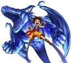  :d blue_dragon brown_eyes brown_hair clenched_hands dragon jumping looking_at_viewer male_focus mayata monster open_mouth sharp_teeth shu_(blue_dragon) simple_background smile solo teeth white_background 