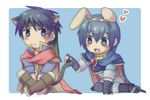  animal_ears animal_hood blue_eyes blue_hair blush bunny_hood cape cat_ears crossover fire_emblem fire_emblem:_monshou_no_nazo fire_emblem:_souen_no_kiseki gloves headband heart hood ike male_focus marth multiple_boys sebun smile super_smash_bros. tail tiara 