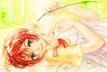  bad_id bad_pixiv_id dress envelope flower green_eyes hair_ornament hairclip kasumi_(hitokuri) lying original red_hair short_hair solo traditional_media watercolor_(medium) 