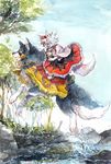  animal animal_ears detached_sleeves gogo/tad hat highres inubashiri_momiji riding short_hair solo tail tokin_hat touhou traditional_media white_hair wolf wolf_ears wolf_tail 
