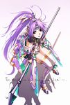  angelan armor brown_eyes elf headband long_hair mecha_musume nyaou pointy_ears ponytail purple_hair sitting solo staff thighhighs virtual_on white_legwear 