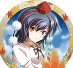  black_hair blouse blush hat looking_at_viewer red_eyes ribbon shameimaru_aya short_hair sky solo tokin_hat touhou tri 