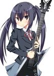  black_hair brown_eyes guitar instrument k-on! nakano_azusa neck_ribbon niyadepa red_ribbon ribbon school_uniform solo twintails 