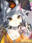  :&lt; aburaage animal_ears bangs blunt_bangs blush breasts chopsticks cleavage eating food fox_ears hair_up japanese_clothes kimono kitsune_udon kongiku leaf leaf_on_head medium_breasts momohime multiple_girls muuten oboro_muramasa orange_eyes pale_skin silver_hair sweatdrop tears tsurime 