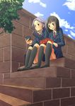  bad_id bad_pixiv_id blazer jacket kajiki_yumi kneehighs lunch multiple_girls necktie niina_ryou saki school_uniform sitting sitting_on_stairs socks stairs touyoko_momoko tsuruga_school_uniform 