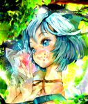  apple aqua_eyes aqua_hair bad_id bad_pixiv_id bracelet breasts cirno cleavage eyelashes face food food_on_face fruit hands jewelry large_breasts looking_away neck_ribbon nude reri ribbon short_hair smile solo touhou 