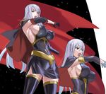  black_legwear breasts cape covered_nipples large_breasts long_hair makacoon selvaria_bles senjou_no_valkyria senjou_no_valkyria_1 shouting sideboob silver_hair thighhighs 