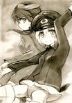  animal_ears bad_id bad_pixiv_id erica_hartmann gertrud_barkhorn hat highres holding_hands kisetsu monochrome multiple_girls open_mouth panties sepia strike_witches striker_unit tail underwear uniform world_witches_series 