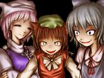  chen cirno crazy_eyes crossed_arms earrings evil_smile jewelry letty_whiterock multiple_girls smile touhou verynezumi 