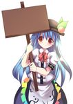  blue_hair food fruit hat hinanawi_tenshi holding holding_sign long_hair peach red_eyes sign solo template touhou tsunono 