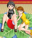  :3 antenna_hair black_hair blue_eyes brown_eyes brown_hair censored china_dress chinese_clothes convenient_censoring dress fan futami_ami houman idolmaster idolmaster_(classic) kikuchi_makoto multiple_girls no_socks short_hair smile 