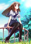  bad_id bad_pixiv_id black_legwear brown_eyes brown_hair cloud day loafers long_hair miyazaki_byou original pantyhose railing school_uniform serafuku shoes sitting skirt sky smile solo tree 