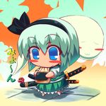  :3 blue_eyes blush blush_stickers bob_cut chibi closed_eyes eating flower food green_hair hitodama katana konpaku_youmu konpaku_youmu_(ghost) mochi myon_(phrase) raion-san ribbon sheath sheathed solo sword tiles touhou translated wagashi weapon 