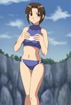  bikini blush brown_eyes brown_hair day hikari_haruka mature rockman rockman_exe shigehiro_(hiroi_heya) solo sports_bikini swimsuit tankini 