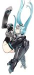  armor blue_eyes blue_hair boots gloves hatsune_miku jumping long_hair nishieda open_mouth simple_background smile solo thigh_boots thighhighs twintails vocaloid 