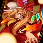  alternate_hairstyle bow daitai_konna_kanji face fang fingernails flandre_scarlet foreshortening grin hands long_hair sharp_fingernails smile solo touhou 