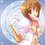  brown_eyes brown_hair company_connection cosplay dress estellise_sidos_heurassein estellise_sidos_heurassein_(cosplay) gloves hagiwara_yukiho idolmaster idolmaster_(classic) lowres magic_circle mame-p namco short_hair solo tales_of_(series) tales_of_vesperia 