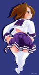  brown_hair earrings glasses highres jewelry looking_back original purple_eyes school_uniform short_hair solo thighhighs yakuta_tetsuya 