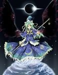  crost dress earth eclipse giantess green_eyes green_hair hat highres mima solar_eclipse solo staff touhou wings wizard_hat 