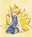  animal_ears blonde_hair chiri_(o9o9) fine_art_parody fox_ears fox_tail long_sleeves multiple_tails nihonga no_hat no_headwear parody short_hair solo tail tears touhou wide_sleeves yakumo_ran yellow_background 