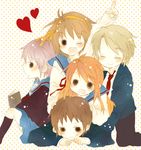  3girls asahina_mikuru bad_id bad_pixiv_id brown_hair chibi heart itsuki_yuu kita_high_school_uniform koizumi_itsuki kyon multiple_boys multiple_girls nagato_yuki school_uniform suzumiya_haruhi suzumiya_haruhi_no_yuuutsu 