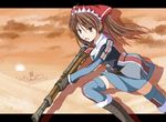  alicia_melchiott blouse blush boots brown_eyes brown_hair gloves gun headdress long_hair military military_uniform ribbon rifle running senjou_no_valkyria senjou_no_valkyria_1 skirt solo thighhighs tri twintails uniform weapon zettai_ryouiki 