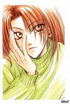  androgynous artist_request character_request kakumei_no_hi kei_(kakumei) long_hair male megumi_(kakumei) orange_eyes red_hair redhead smile source_request sweater 