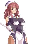  artist_request breasts cross gloves jewelry la_pucelle large_breasts mole mole_under_eye necklace oekaki pantyhose pink_hair prier red_eyes red_hair smile solo staff wide_hips 