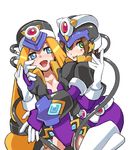  aile blonde_hair blue_eyes breasts brown_hair cosplay green_eyes hug medium_breasts multiple_girls prairie rockman rockman_zx shigehiro_(hiroi_heya) tongue 