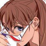  3d_glasses adjusting_eyewear blue_eyes brown_hair fingernails looking_over_eyewear lowres mebae nail_art nail_polish neon_genesis_evangelion pink_nails smile solo souryuu_asuka_langley star sunglasses 