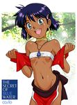  bandeau bare_shoulders blue_eyes carlo dark_skin earrings flat_chest fushigi_no_umi_no_nadia hair_ornament hairclip jewelry loincloth nadia neck_ring necklace purple_hair short_hair smile solo strapless tree tubetop vest 