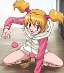  blonde_hair convenient_censoring eyelashes fangs fresh_precure! haruyama_kazunori hood hoodie kneehighs momozono_love no_pants pink_scrunchie precure red_eyes scrunchie short_twintails socks solo squatting twintails whiskers 