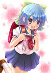  alternate_costume backpack bag blue_eyes blue_hair child cirno flower kawai_kei_(artist) randoseru ribbon school_uniform serafuku short_hair solo touhou 