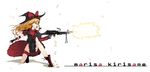 :o angry artist_request asymmetrical_clothes bipod blonde_hair bow braid bullet casing_ejection character_name dress firing gun hat highres holding holding_gun holding_weapon kirisame_marisa long_hair m249 machine_gun muzzle_flash one_knee open_mouth ribbon shell_casing shoes solo torn_clothes touhou weapon witch_hat 