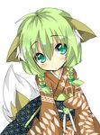  :o animal_ears aqua_eyes blush braid fox_ears fox_tail green_hair hair_over_shoulder japanese_clothes kimono original saitou_kon shingetsu_takehito solo tail twin_braids 