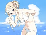  alternate_hairstyle bad_id bad_pixiv_id bent_over bikini blonde_hair blue_eyes day eyebrows gk k-on! kotobuki_tsumugi long_hair solo swimsuit 