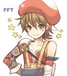  androgynous armor blush brown_eyes brown_hair final_fantasy final_fantasy_tactics_a2 final_fantasy_tactics_advance hat lowres luso_clemens male_focus pocopoco shoulder_pads solo star strap 